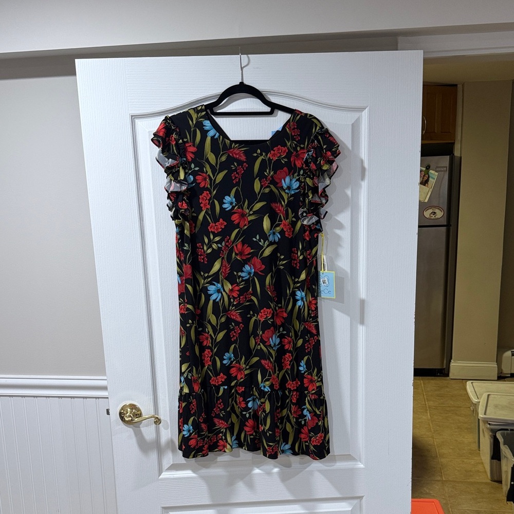 CeCe Black Dress with Red and Blue Floral Pattern